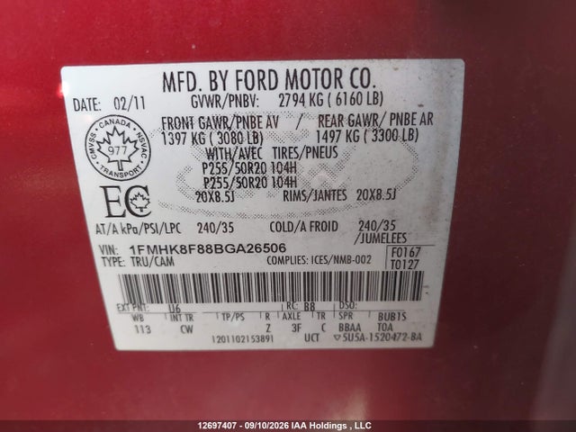 Aukcja sprzedaży 2011 Ford Explorer Limited, vin: 1FMHK8F88BGA26506, numer aukcji: 12697407