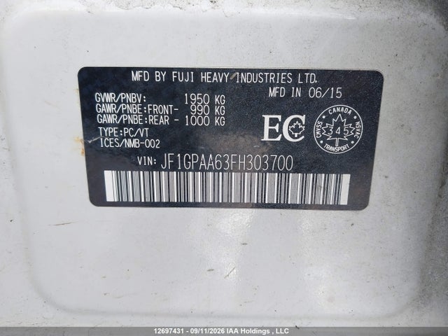 12697431 :رقم المزاد ، JF1GPAA63FH303700 vin ، 2015 Subaru Impreza مزاد بيع