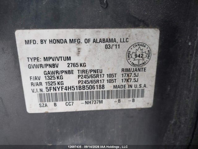 12697435 :رقم المزاد ، 5FNYF4H51BB506188 vin ، 2011 Honda Pilot Ex-l مزاد بيع
