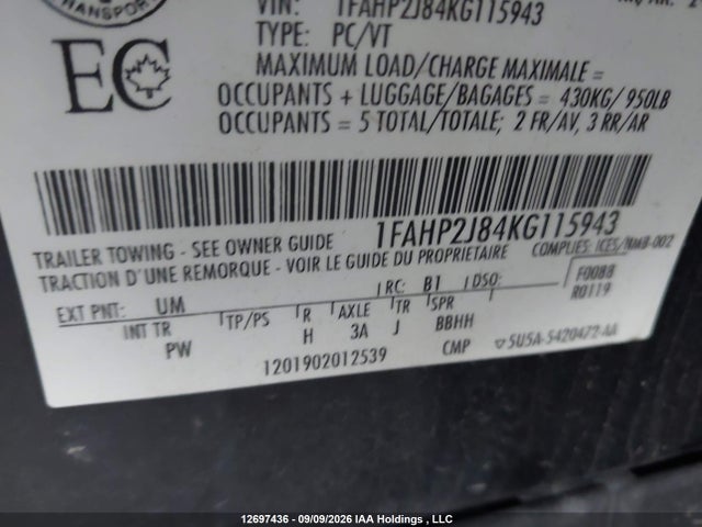 Ford Taurus Limited 2019 1FAHP2J84KG115943 Image 9