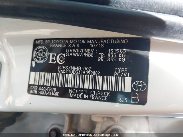 Aukcja sprzedaży 2018 Toyota Yaris, vin: VNKKTUD33JA099802, numer aukcji: 12697445