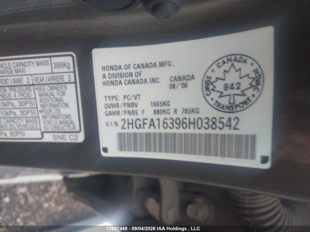 Продажа на аукционе авто 2006 Honda Civic Dx Vp, vin: 2HGFA16396H038542, номер лота: 12697449