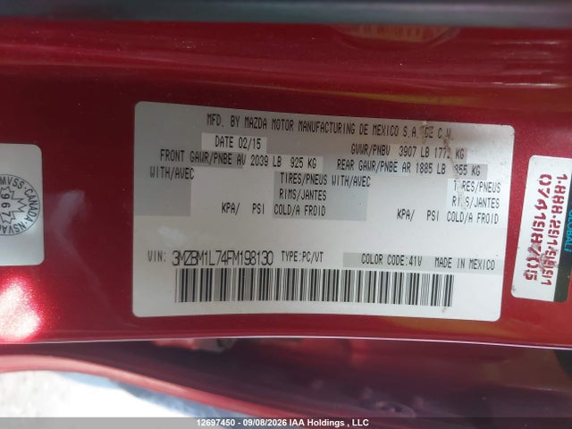 12697450 :رقم المزاد ، 3MZBM1L74FM198130 vin ، 2015 Mazda 3 Touring مزاد بيع