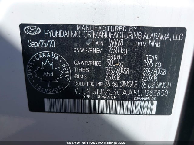 5NMS3CAA5LH283850 Hyundai Santa Fe Sel/sel Plus