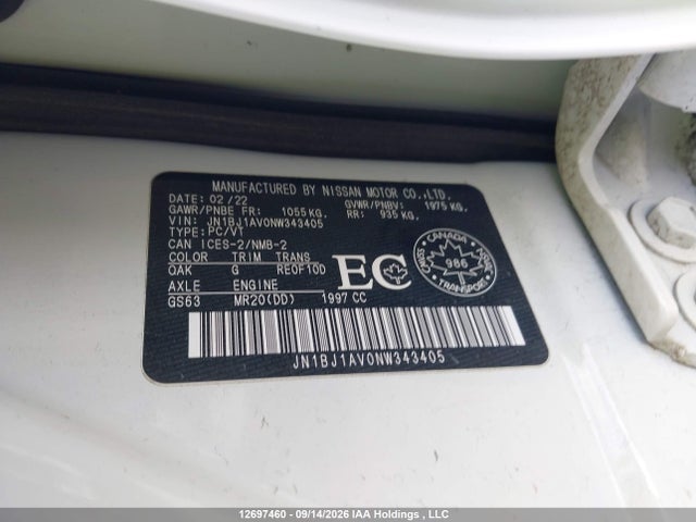 12697460 :رقم المزاد ، JN1BJ1AV0NW343405 vin ، 2022 Nissan Qashqai  S 4dr2wd مزاد بيع