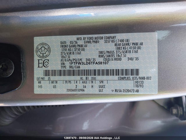 Ford F150 Xlt 2026 1FTFW3LD6TFA58107 Image 9