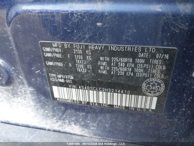 Subaru Outback 2.5i Limited 2017 4S4BSCLC2H3214410 Image 9