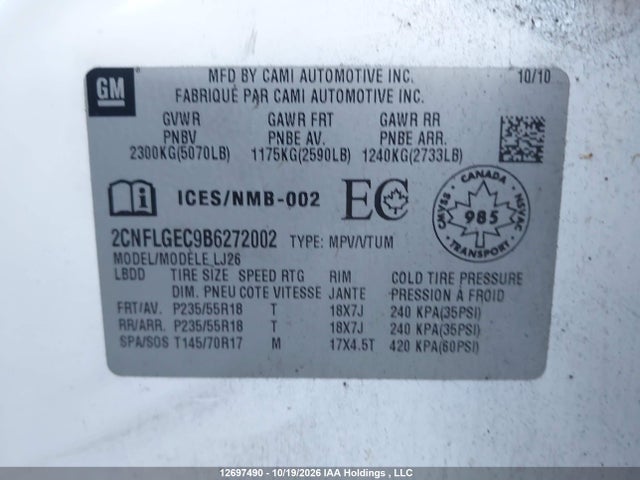 12697490 :رقم المزاد ، 2CNFLGEC9B6272002 vin ، 2011 Chevrolet Equinox Ltz مزاد بيع