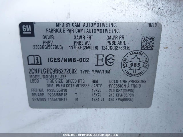 12697490 :رقم المزاد ، 2CNFLGEC9B6272002 vin ، 2011 Chevrolet Equinox Ltz مزاد بيع