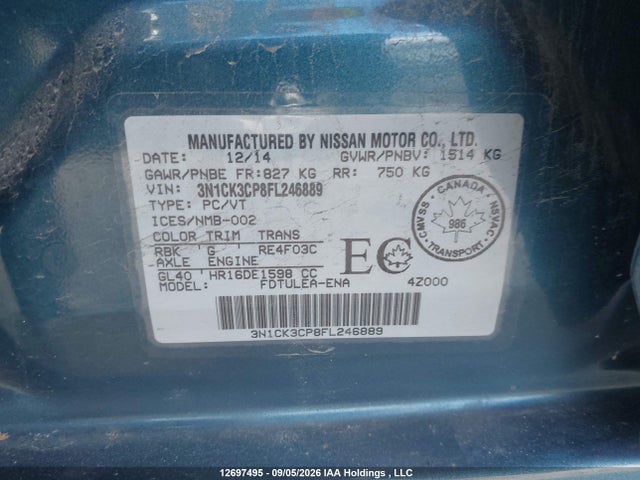 12697495 :رقم المزاد ، 3N1CK3CP8FL246889 vin ، 2015 Nissan Micra مزاد بيع