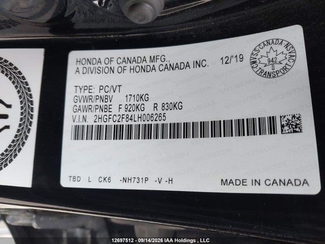 2HGFC2F84LH006265 Honda Civic Sport