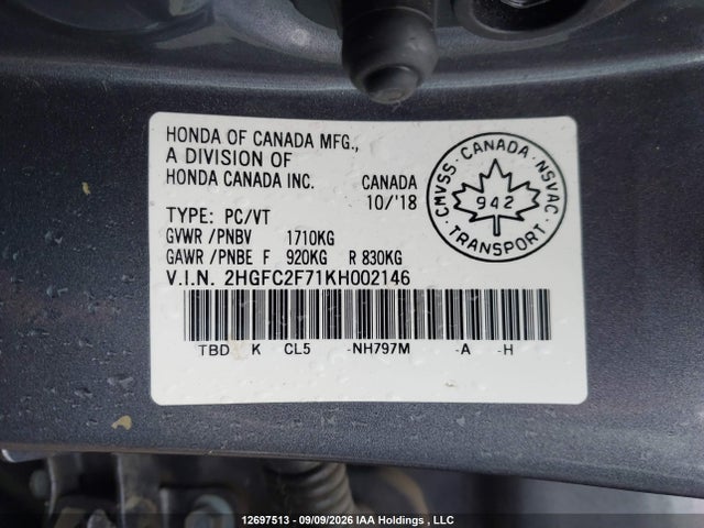 Продаж на аукціоні авто 2019 Honda Civic Ex, vin: 2HGFC2F71KH002146, номер лоту: 12697513