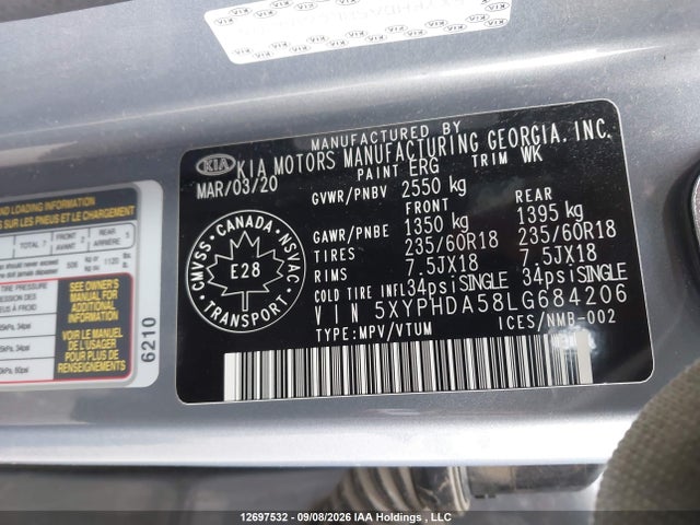 5XYPHDA58LG684206 KIA Sorento 3.3l Ex/3.3l Ex+