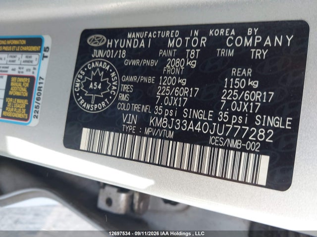 Продажа на аукционе авто 2018 Hyundai Tucson Se 2.0l, vin: KM8J33A40JU777282, номер лота: 12697534