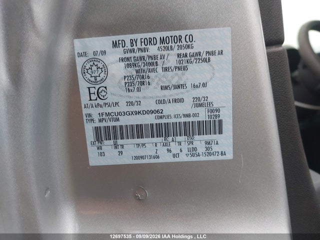 Продажа на аукционе авто 2009 Ford Escape Xlt, vin: 1FMCU03GX9KD09062, номер лота: 12697535