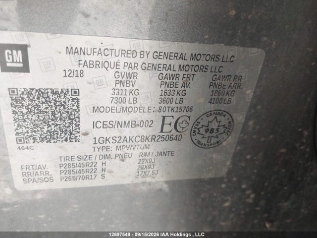 1GKS2AKC8KR250640 GMC YUKON SLE