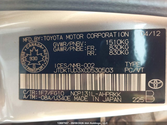 Продаж на аукціоні авто 2012 Toyota Yaris, vin: JTDKTUD3XCD530503, номер лоту: 12697557