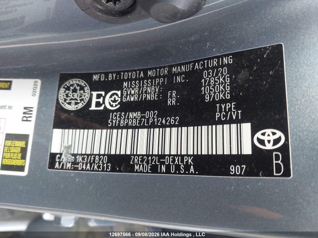 5YFBPRBE7LP124262 Toyota COROLLA LE