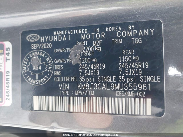 2021 Hyundai Tucson Ultimate მანქანა იყიდება აუქციონზე, vin: KM8J3CAL9MU355961, აუქციონის ნომერი: 12697578
