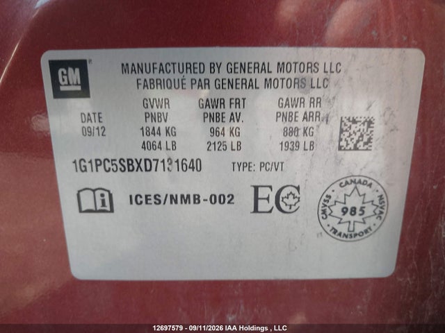 Auction sale of the 2013 Chevrolet Cruze, vin: 1G1PC5SBXD7131640, lot number: 12697579