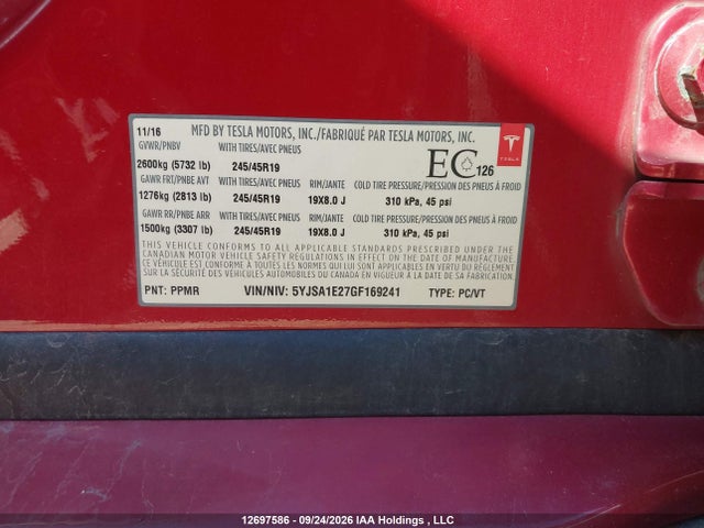 Продажа на аукционе авто 2016 Tesla Model S, vin: 5YJSA1E27GF169241, номер лота: 12697586