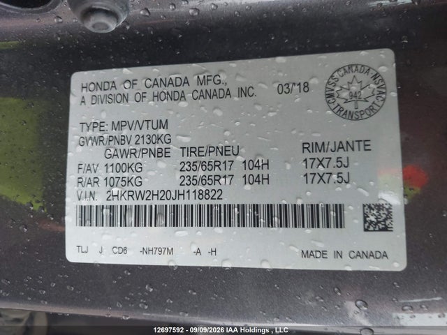 Honda CR-V LX 2018 2HKRW2H20JH118822 Image 9