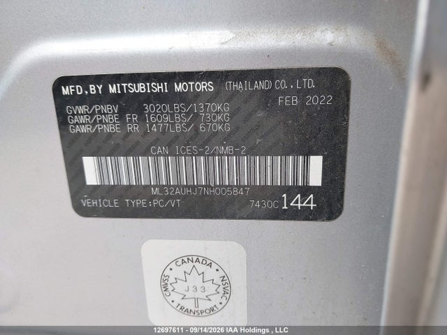 Auction sale of the 2022 Mitsubishi Mirage Carbon Edition/es/se, vin: ML32AUHJ7NH005847, lot number: 12697611