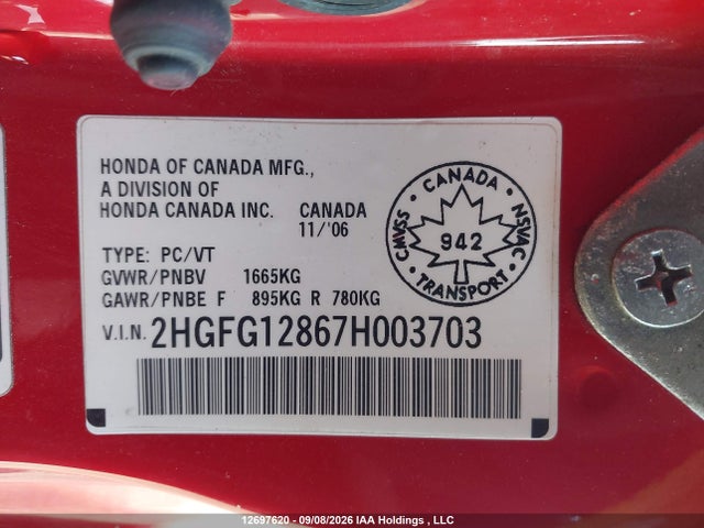 Продаж на аукціоні авто 2007 Honda Civic Cpe, vin: 2HGFG12867H003703, номер лоту: 12697620