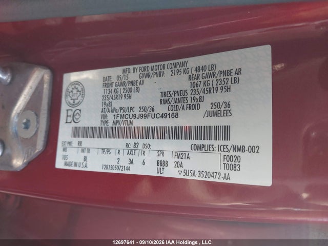 2015 Ford Escape Titanium მანქანა იყიდება აუქციონზე, vin: 1FMCU9J99FUC49168, აუქციონის ნომერი: 12697641
