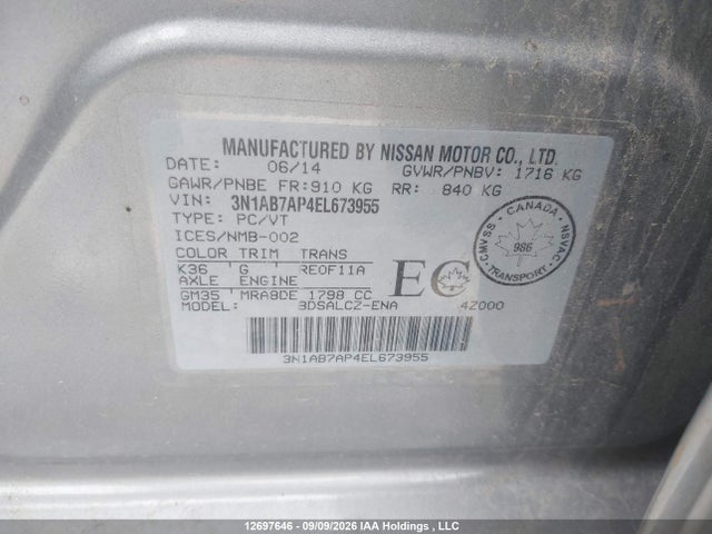 Aukcja sprzedaży 2014 Nissan Sentra 1.8 S/1.8 Sl/1.8 Sr/1.8 Sv, vin: 3N1AB7AP4EL673955, numer aukcji: 12697646