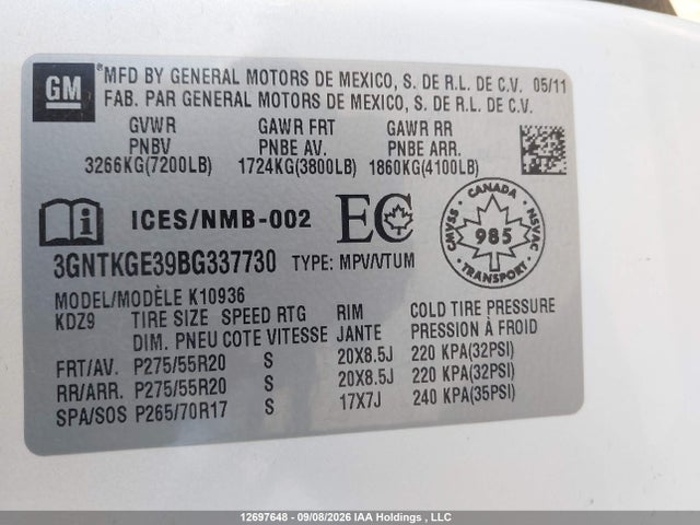 12697648 :رقم المزاد ، 3GNTKGE39BG337730 vin ، 2011 Chevrolet Avalanche 1500 Ltz مزاد بيع