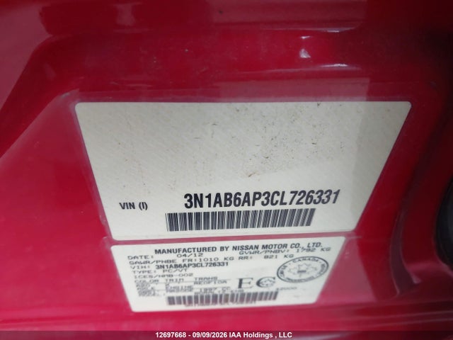 Aukcja sprzedaży 2012 Nissan Sentra, vin: 3N1AB6AP3CL726331, numer aukcji: 12697668