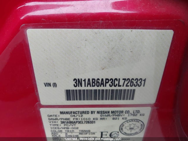 Aukcja sprzedaży 2012 Nissan Sentra, vin: 3N1AB6AP3CL726331, numer aukcji: 12697668