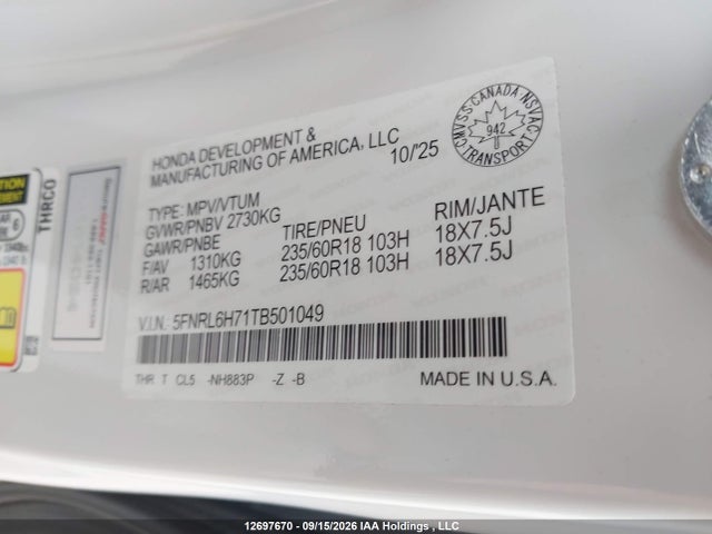 Продаж на аукціоні авто 2026 Honda Odyssey Sport-l, vin: 5FNRL6H71TB501049, номер лоту: 12697670