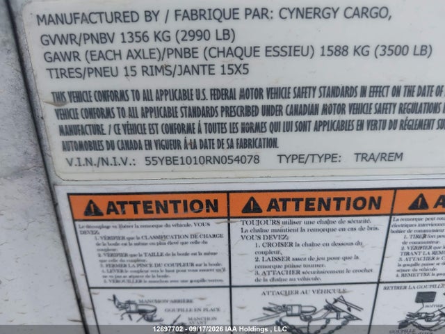 2024 Cynergy Cargo Llc Cynergy Cargo მანქანა იყიდება აუქციონზე, vin: 55YBE1010RN054078, აუქციონის ნომერი: 12697702
