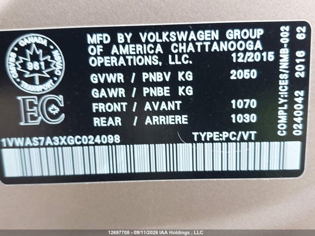 Продаж на аукціоні авто 2016 Volkswagen Passat S/r-line, vin: 1VWAS7A3XGC024098, номер лоту: 12697708