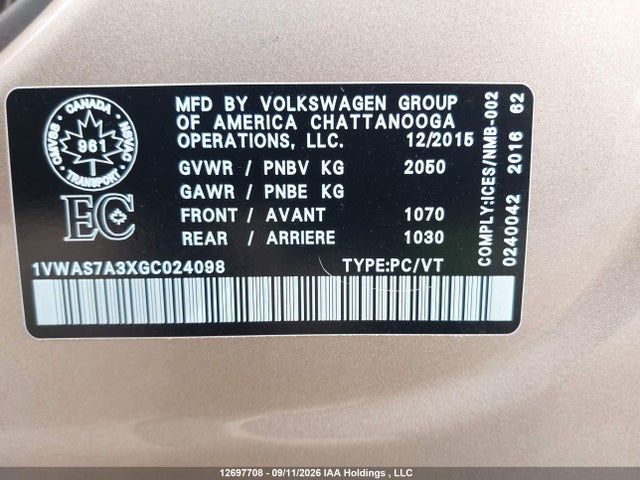 Продаж на аукціоні авто 2016 Volkswagen Passat S/r-line, vin: 1VWAS7A3XGC024098, номер лоту: 12697708