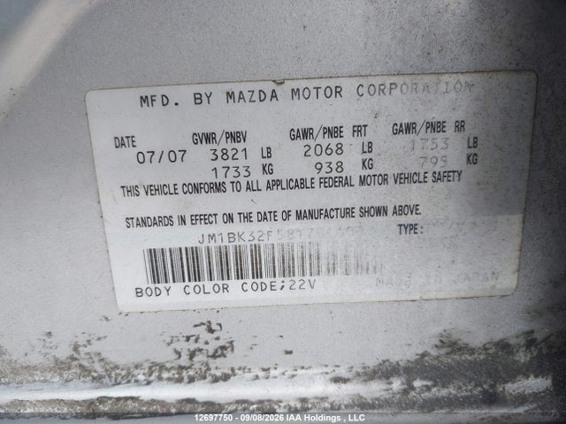 Продажа на аукционе авто 2008 Mazda Mazda3 Gs/gx, vin: JM1BK32F581791606, номер лота: 12697750