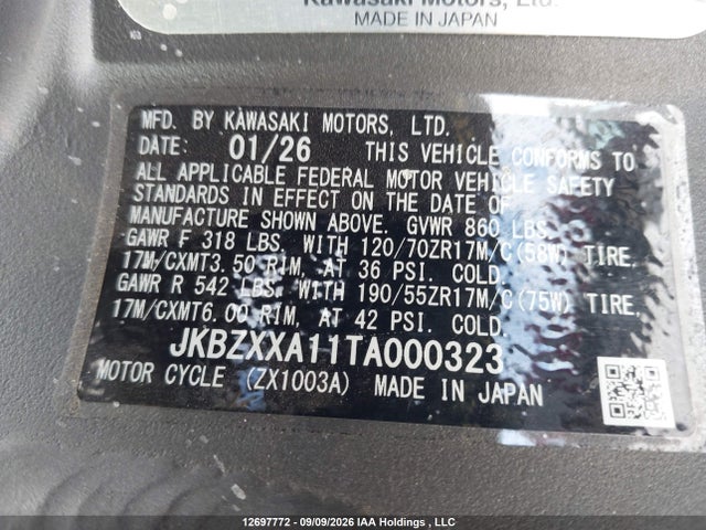 Aukcja sprzedaży 2026 Kawasaki Ninja Zx 10r, vin: JKBZXXA11TA000323, numer aukcji: 12697772