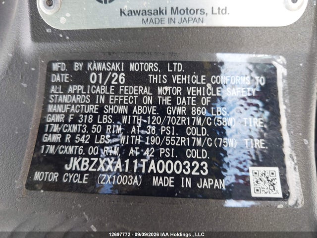 Aukcja sprzedaży 2026 Kawasaki Ninja Zx 10r, vin: JKBZXXA11TA000323, numer aukcji: 12697772
