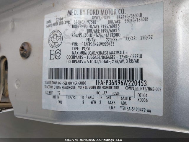 12697774 :رقم المزاد ، 1FAFP36N96W220453 vin ، 2006 Ford Focus Zxw مزاد بيع