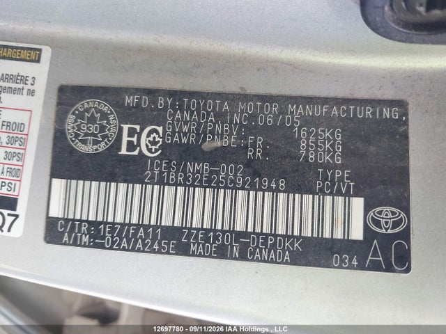 12697780 :رقم المزاد ، 2T1BR32E25C921948 vin ، 2005 Toyota Corolla Ce/le/sport مزاد بيع