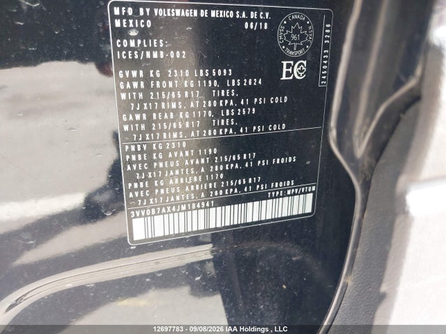 Aukcja sprzedaży 2018 Volkswagen Tiguan Trendline, vin: 3VV0B7AX4JM184941, numer aukcji: 12697783