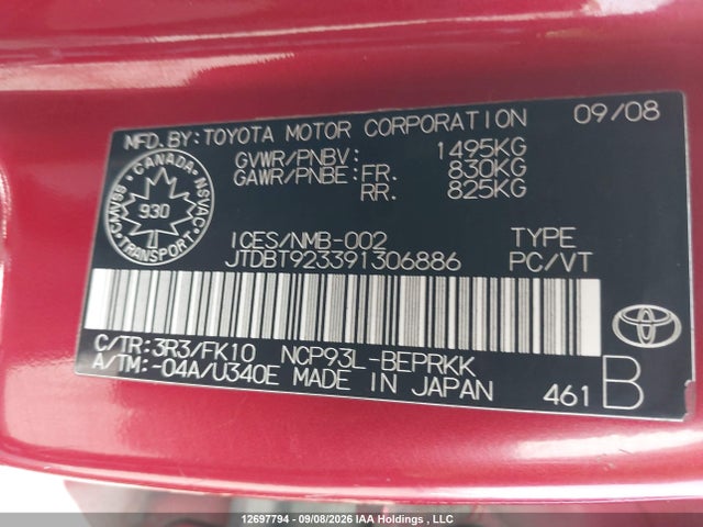 Продажа на аукционе авто 2009 Toyota Yaris, vin: JTDBT923391306886, номер лота: 12697794
