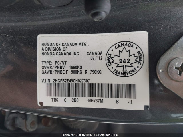Продаж на аукціоні авто 2012 Honda Civic Lx, vin: 2HGFB2E49CH027307, номер лоту: 12697798