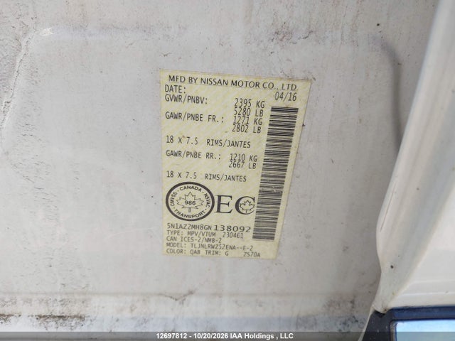 12697812 :رقم المزاد ، 5N1AZ2MH8GN138092 vin ، 2016 Nissan Murano Platinum/sl/sv مزاد بيع