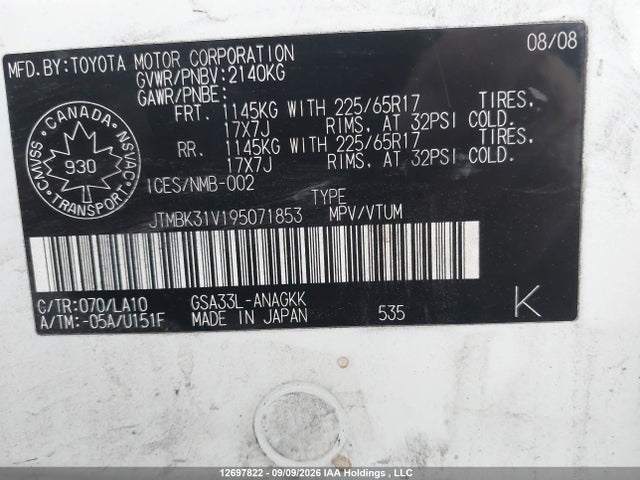 12697822 :رقم المزاد ، JTMBK31V195071853 vin ، 2009 Toyota Rav4 مزاد بيع