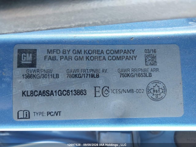 12697828 :رقم المزاد ، KL8CA6SA1GC613863 vin ، 2016 Chevrolet Spark Ls مزاد بيع