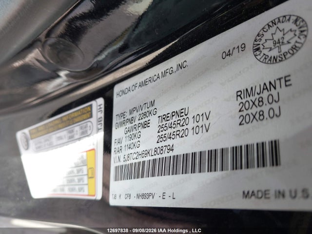 Auction sale of the 2019 Acura Rdx A-spec, vin: 5J8TC2H69KL808794, lot number: 12697838