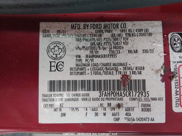 2012 Ford Fusion Se მანქანა იყიდება აუქციონზე, vin: 3FAHP0HA5CR172935, აუქციონის ნომერი: 12697841